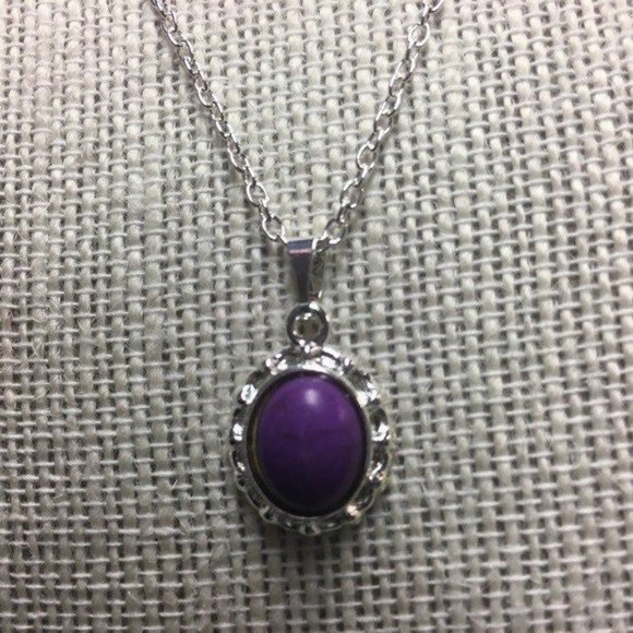 Domed Oval Pendant Necklace Delicate Silver Chain Purple Retro Soft Girl Classic - Picture 3 of 5
